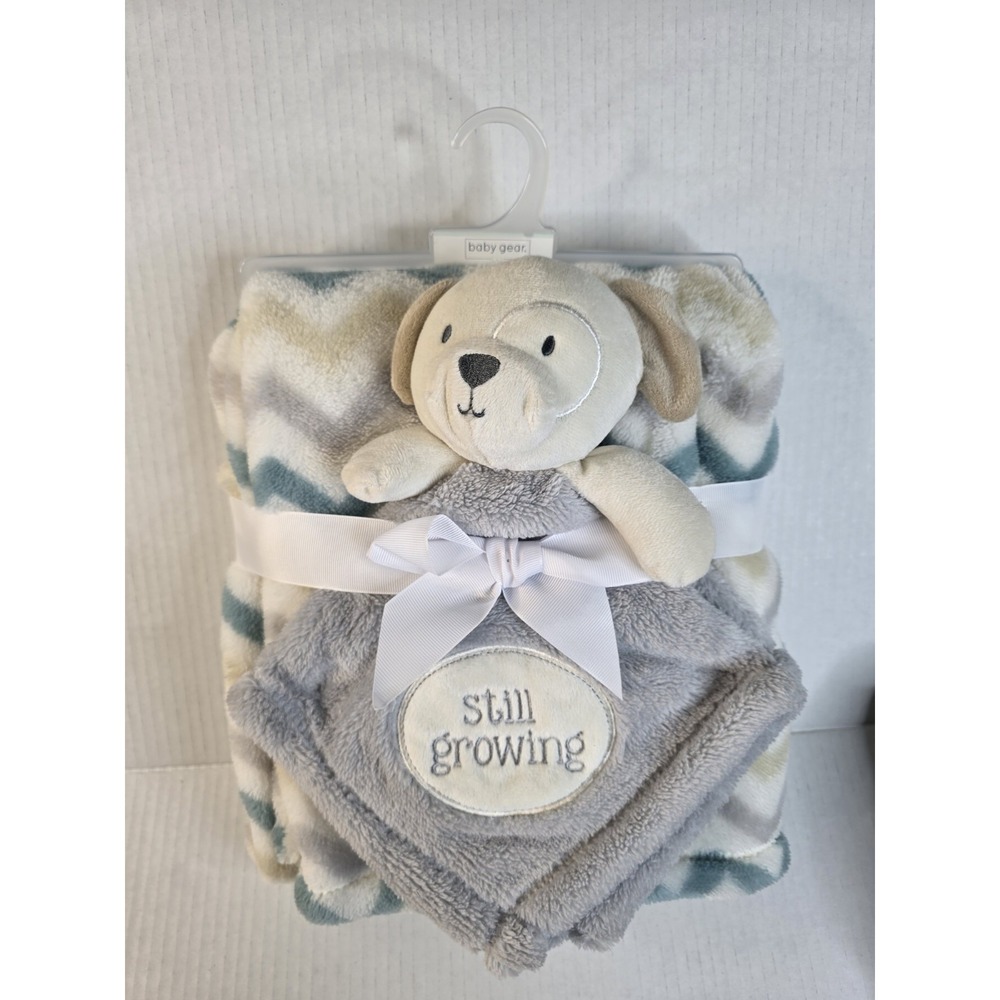 Baby Gear Grey Tan Puppy Dog Still Growing Lovey Chevron Stripe‎ Blanket Set NEW